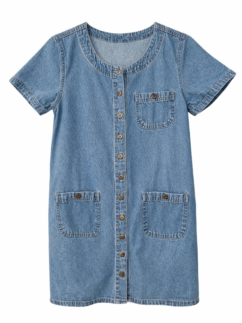 Denim Button-Front Short Sleeve Dress - Blue